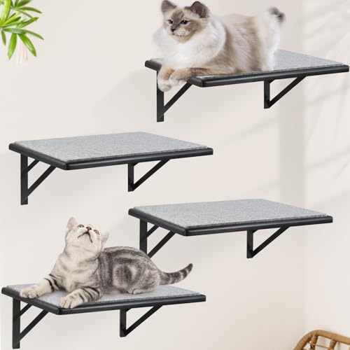 Cat Wall Shelves Set of 2, Wood Cat Shelves for Wall, Cat Wall Bed Hammock with Scratching Pad, Cat Climbing Shelf for Sleeping Playing, Cat Window Perch for Large Cats, Black Cat Furniture for Indoor