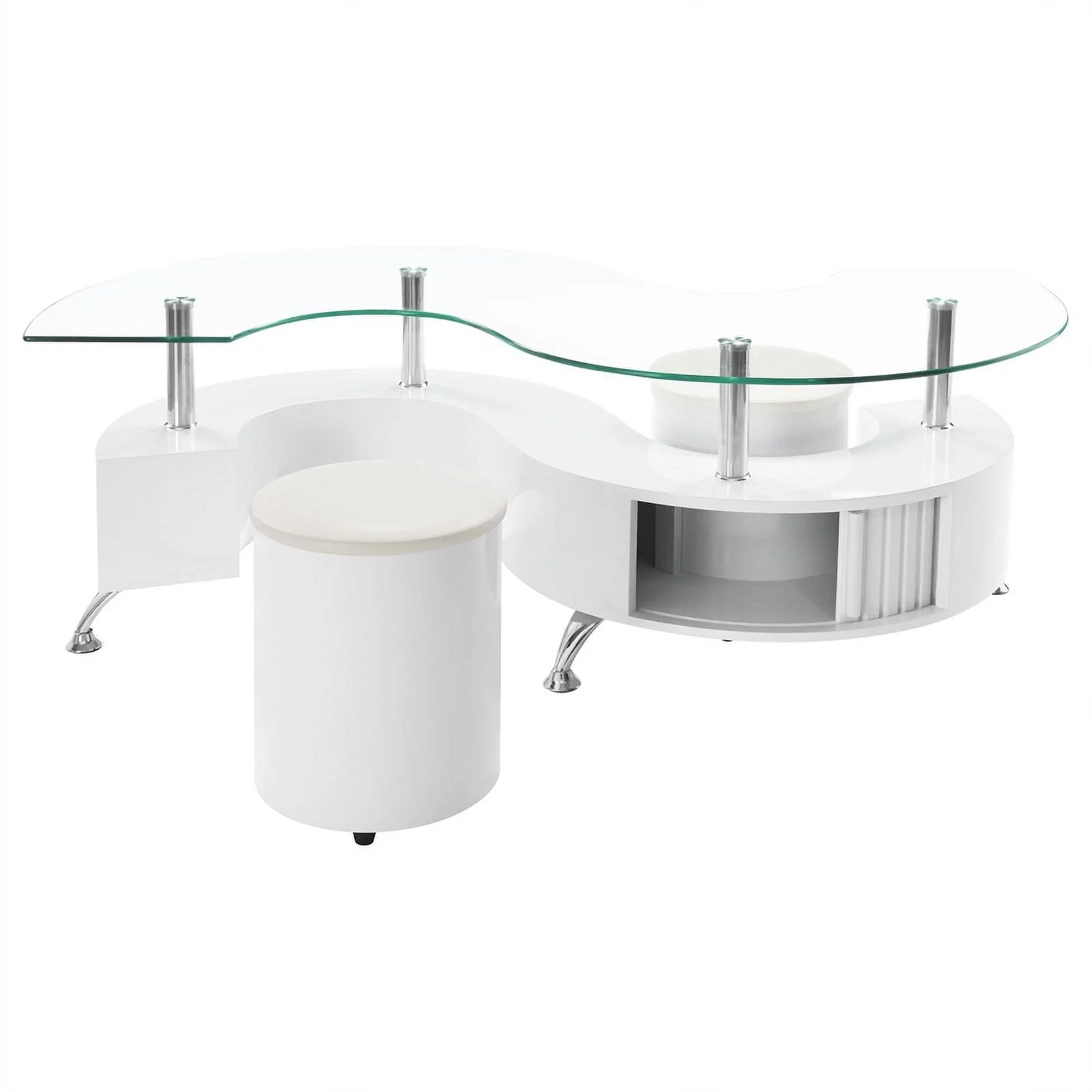 Pemberly Row Wood Curved Glass Top Coffee Table With Stools in White