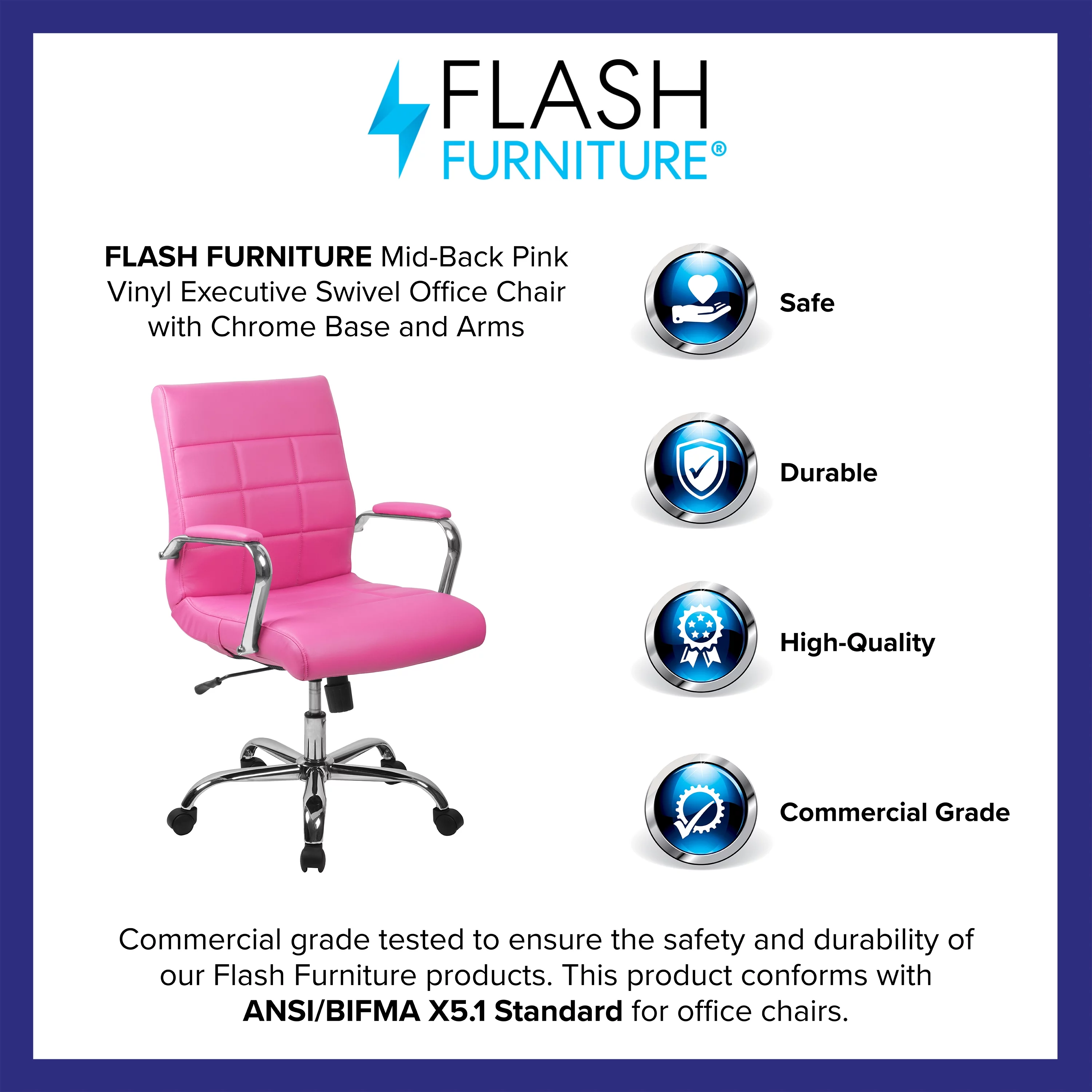 Emma + Oliver Mid-Back Pink Vinyl Executive Swivel Office Chair with Chrome Base and Arms
