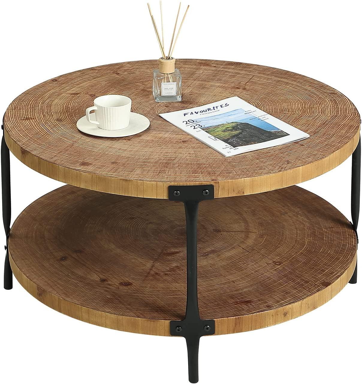 Awescuti Round Boho Wood Coffee Table - 31.5" Farmhouse Natural Circle Wooden 2-Tier  Living Room Furniture  Natural Wood Color  31.5" D x 18.3" H