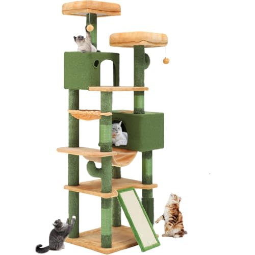 YITAHOME Tall Cat Tree Tower with Leaves for Indoor Cats, 72.8in Cute Cat Climbing Tower with Self-Grooming Brush, Cat Condo, Top Perch, Basktet, Sisal Scratching Posts and Board, Dangling Ball