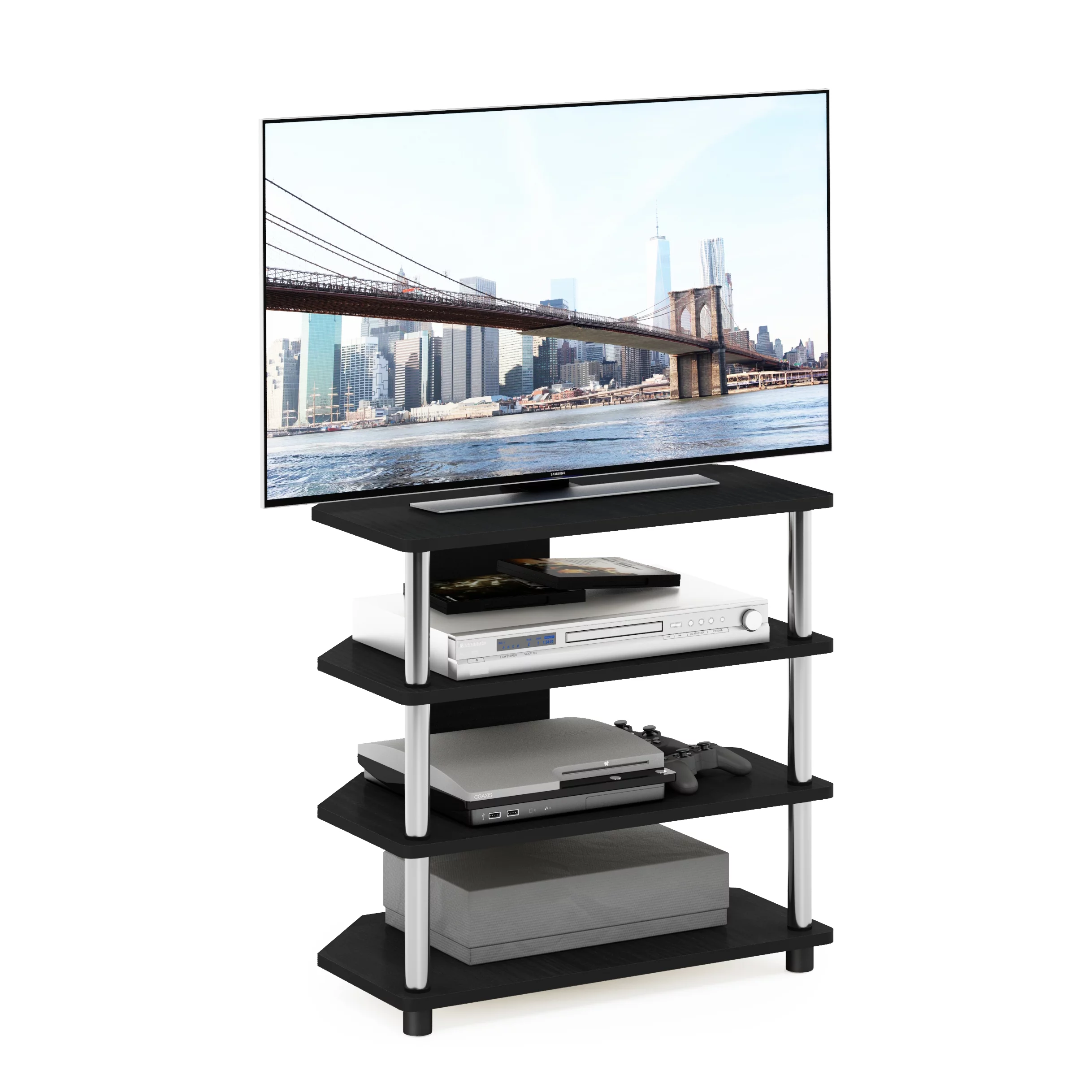 Furinno Econ Easy Assembly 4-Tier Petite TV Stand, Americano, Stainless Steel Tubes