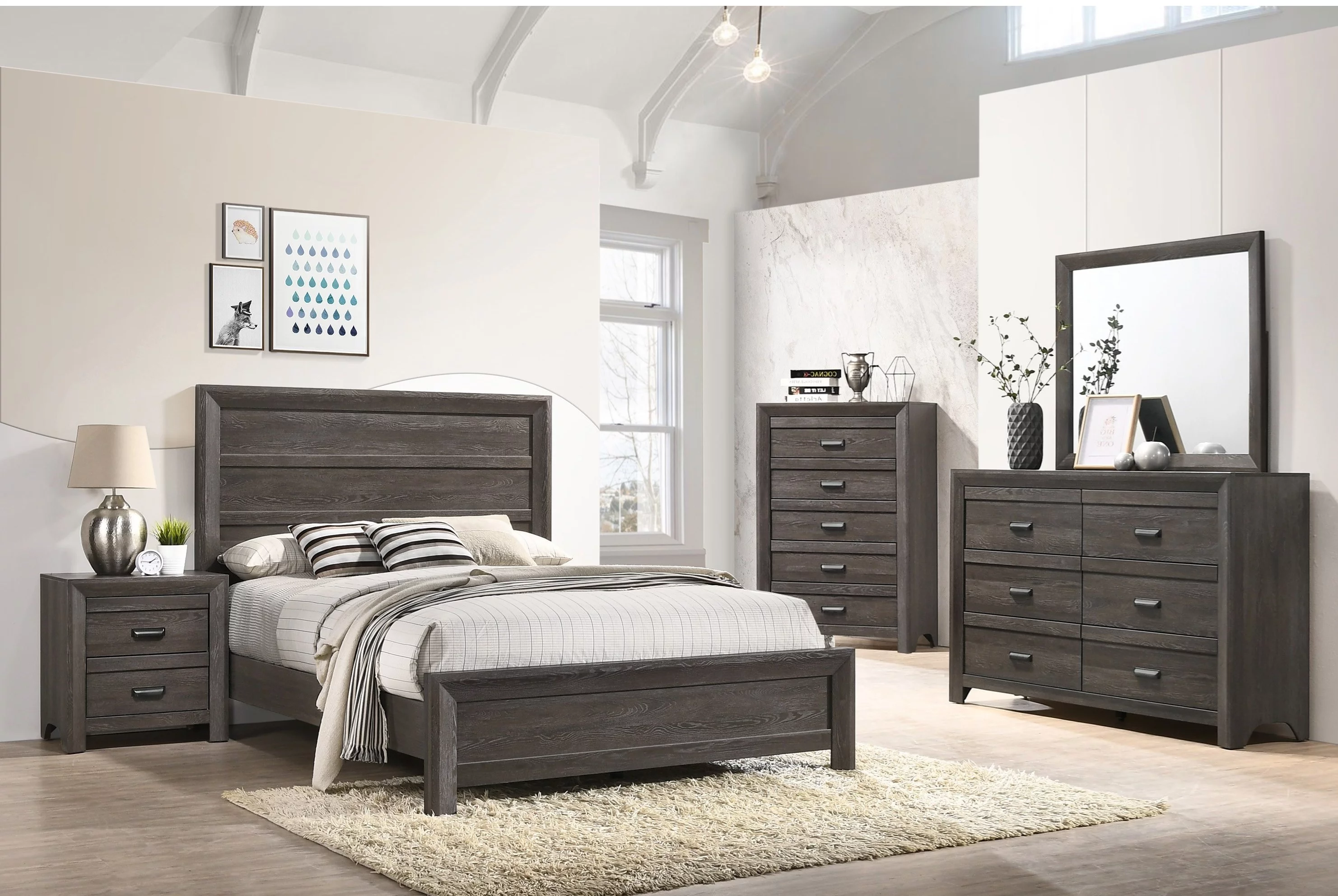 Contemporary Bedroom Furniture Queen Size Bed Set Dresser Mirror Nightstand Brown Finish 5pc