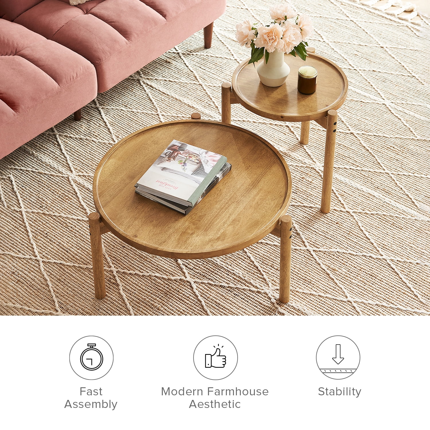 Mopio Dylan Round Modern Boho Nesting Coffee Table, Golden Brown Solid Wood