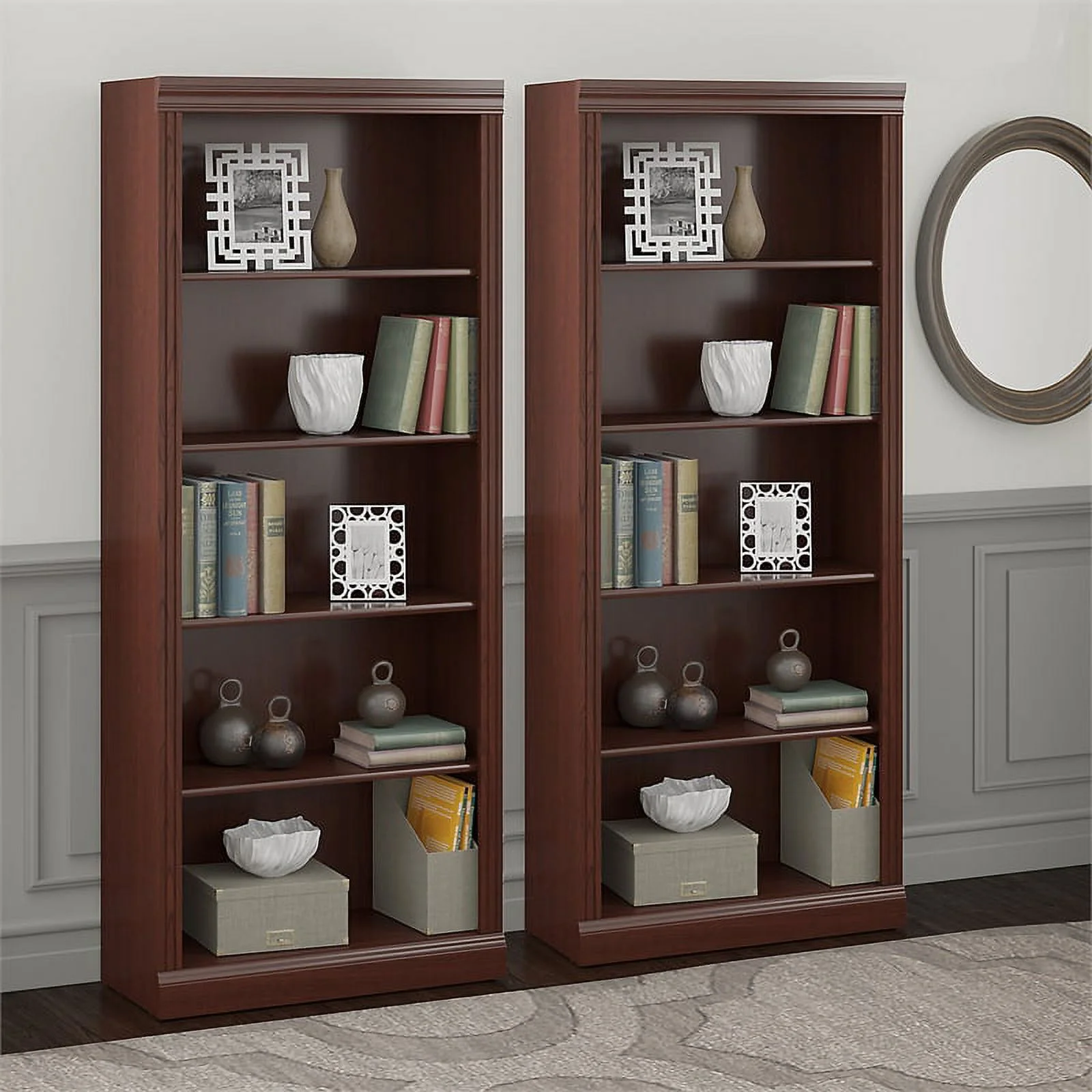 Saratoga Tall 5 Shelf Bookcase Set of 2 in Harvest Cherry - Engineered Wood