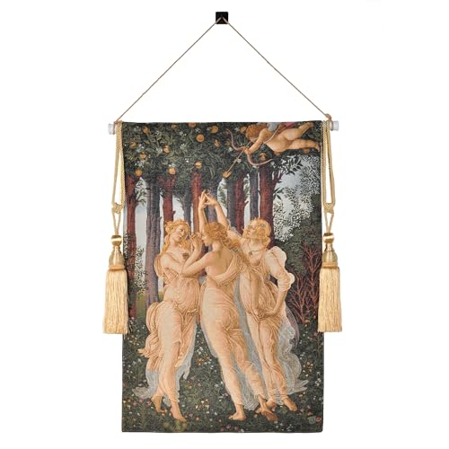 Medieval Vintage Tapestry Wall Hanging - Botticelli's Spring Art Replica, Jacquard Woven Aesthetic Complete Set with Tassels, Telescopic Rod, Rope & Hooks for Bedroom & Living Room Decor (42
