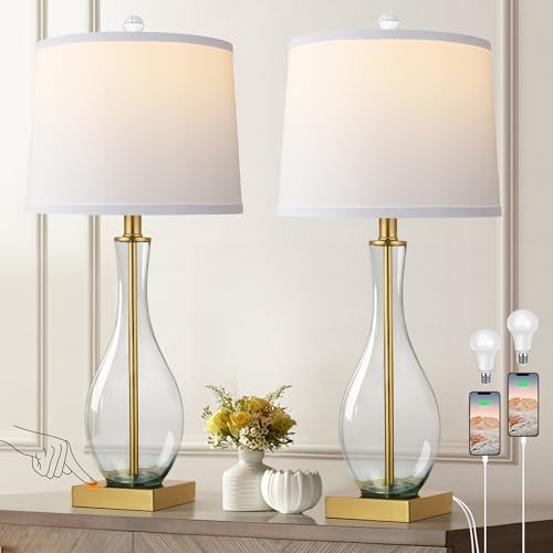 Table Lamps Set of 2 with Touch Control, 3-Way Dimmable Modern Glass table lamp for Living Room with USB C and A Charging Ports， 27