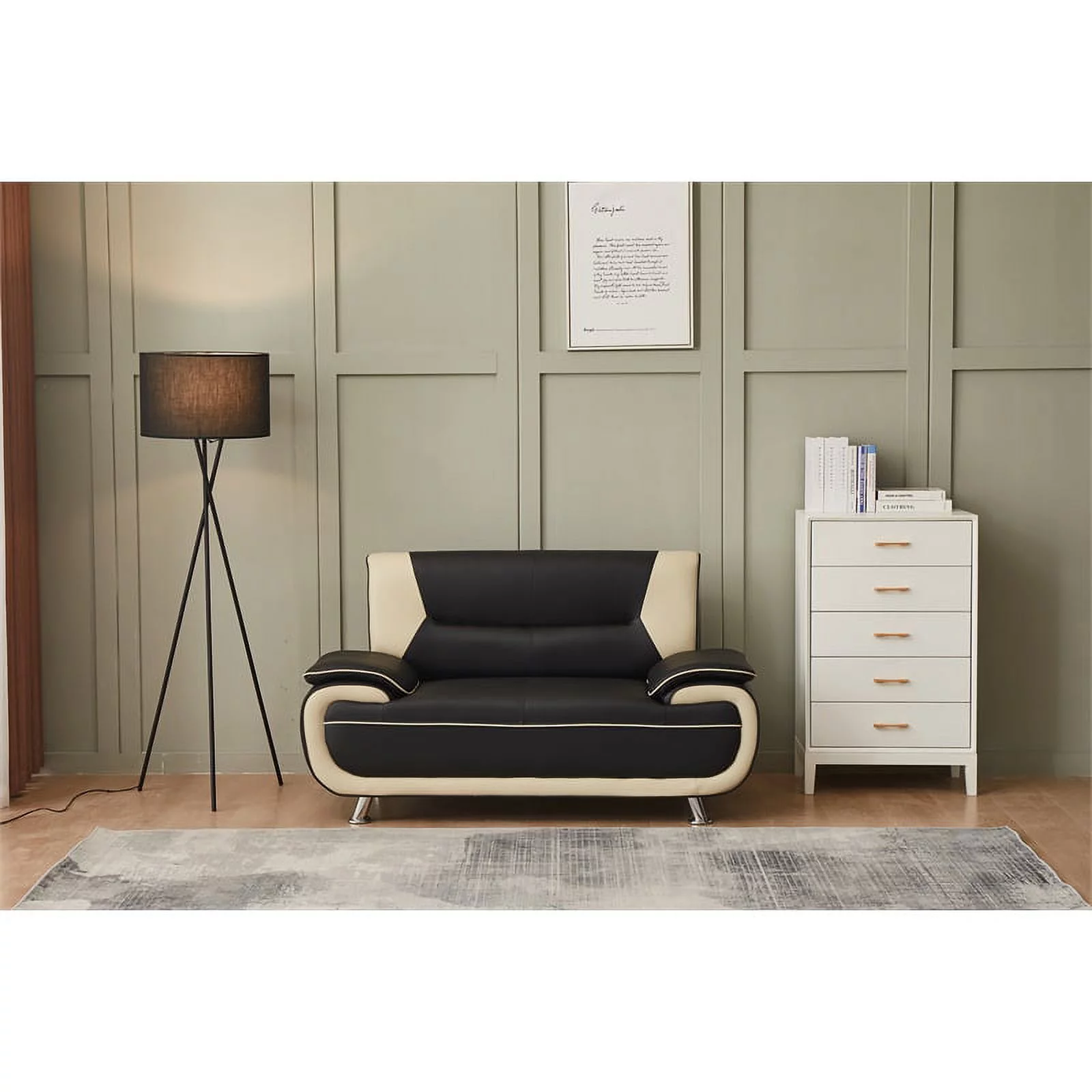 Home Square 2-Piece Set with Faux Leather Sofa and Loveseat in Black & Beige