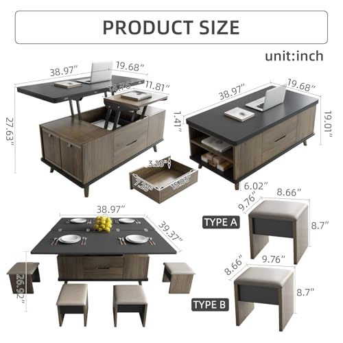 Multifunctional Lift Top Coffee Table with Four Stools,Center Table with Hidden Storage Compartments,Saving Space Indoor Tea Table,Dining Table for Living Room,Home Office