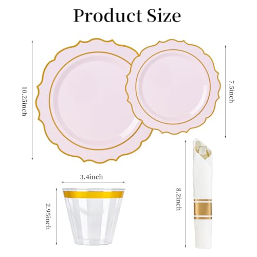 350PCS White Plastic Plates, Gold Plastic Dinnerware Sets for 50 Guests, Include 100 Disposable Plates, 50 Cups and 50 Pre Rolled Napkins with 150 PCS Gold Silverware for Party and Wedding