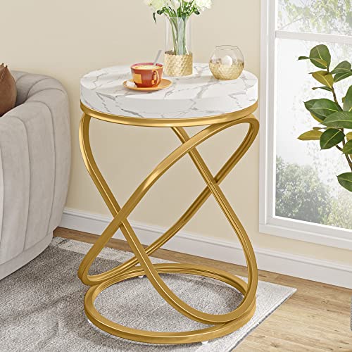 Tribesigns 26 Inches White and Gold Faux Marble Top End Tables Living Room Set of 2, Round Nightstands Sofa Side Table with Double X-Shaped Ring Unique Design for Bedroom