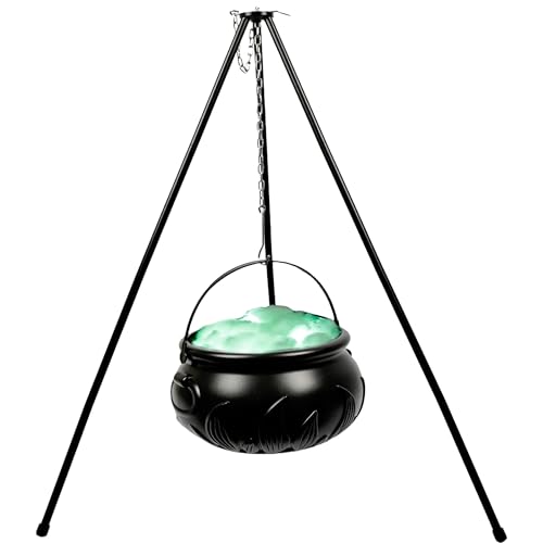 Halloween Large Plastic Witches Cauldron on Tripod with String Lights Black Witch Cauldron Kettle for Halloween Indoor Outdoor Home Yard Decoration