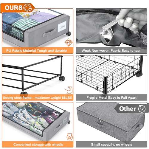 Under Bed Storage with Wheels, 2-Pack Under Bed Storage Containers with Clear Lids, XXL 60L Under the bed storage Organizer Bins, Rolling Under Bed Metal Drawer for Clothes,Shoes,Toys (Black, 2 Pack)