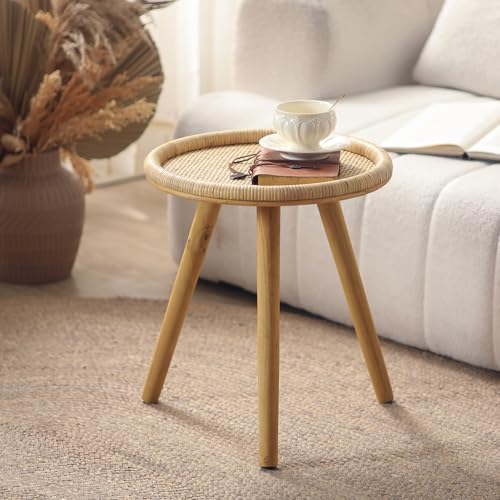 Rattan Round Coffee Table, Boho Circle Side Table End Table for Living Room, Small Mid Century Accent Table for Bedroom Balcony