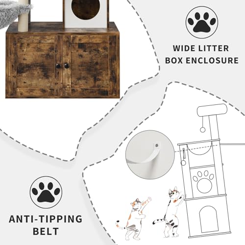 57.5-Inch Cat Tree with Litter Box Enclosure 2-in-1 Modern Cat Tower with Cat Condo/Hammock/Scratching Post/Plush Perch/Removable Pompom Sticks/Caves, Wooden Hidden Litter Box Furniture, Oak Brown