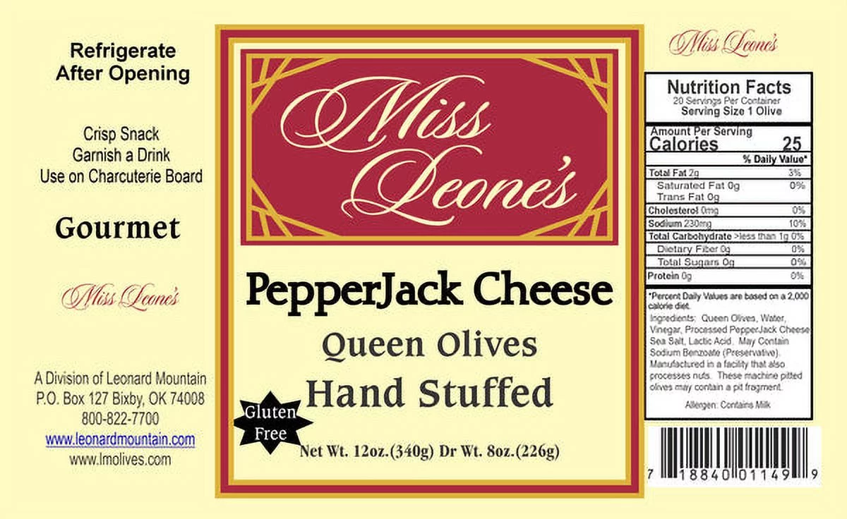 Leonard Mountain Miss Leone Pepper Jack Cheese Stuffed Queen Olives 12 oz, 3 Count