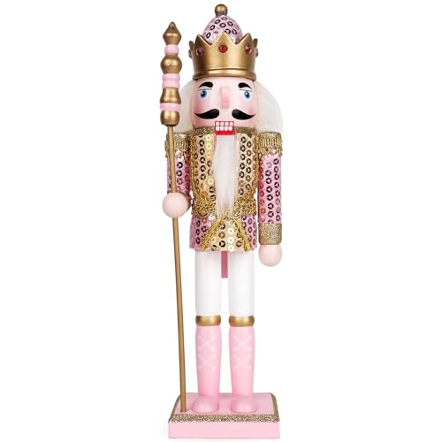 Anwenk Pink Nutcracker Christmas Decor,Handmade Wooden Christmas Nutcracker Figure Nut Cracker King, Festive Collectible Ornament Decoration for Home Decor, 12”