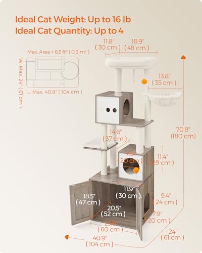 Feandrea Cat Tree with Litter Box Enclosure, 2-in-1 Modern Cat Tower, 70.8-Inch Tall Cat Condo with Scratching Posts, Perch, Caves, Basket, Washable Cushions, Heather Greige UPCT116G01
