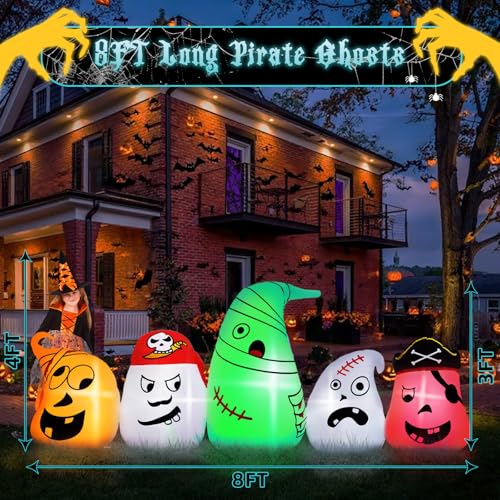 8FT Long Halloween Inflatables Pumpkin Outdoor Decorations, 7 Blow Up Inflatable Pumpkin for Yard with Cat Built-in LED Lights for Halloween Decorations Party Yard Garden Lawn