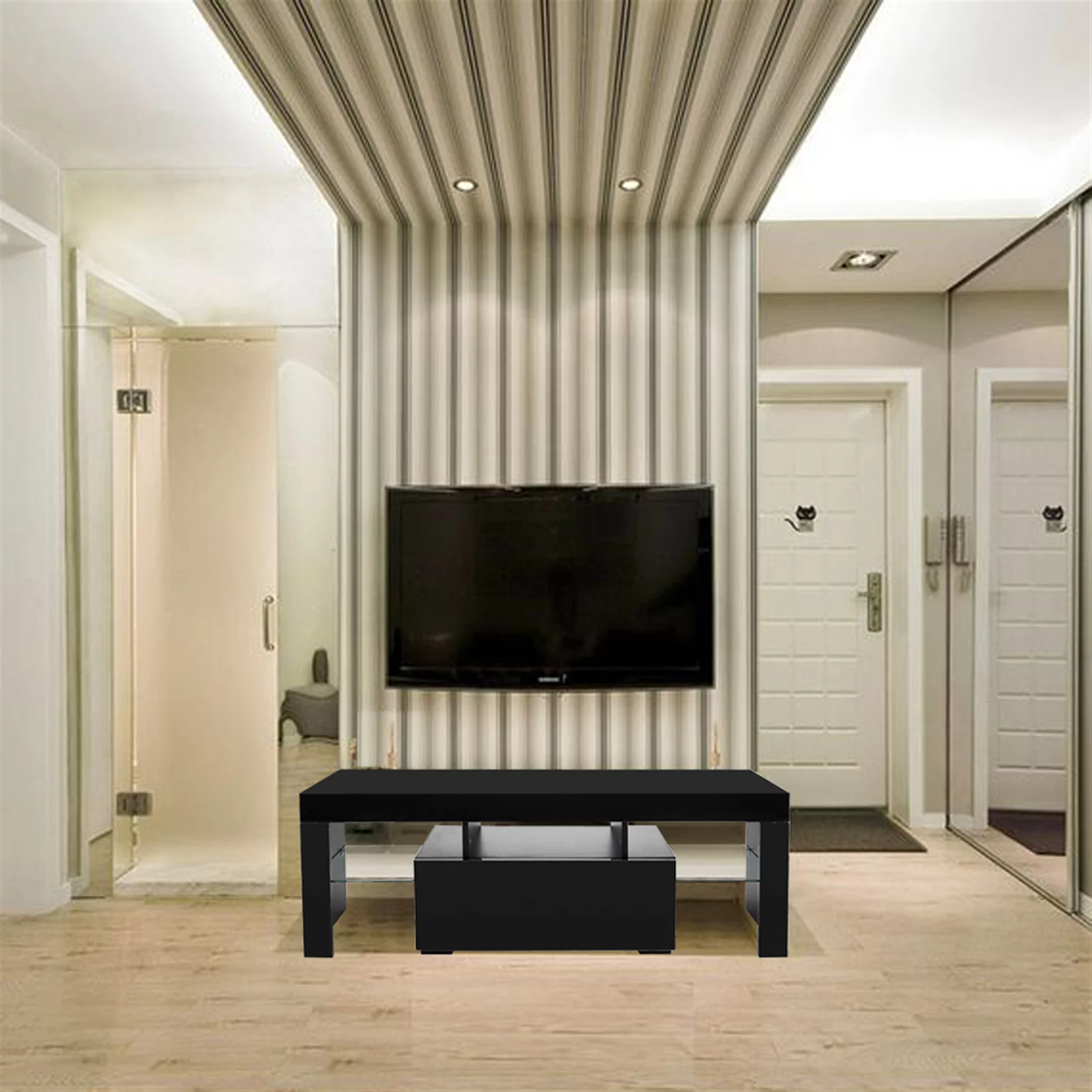 Black TV Stand for 50 Inch TV, Modern High Glossy TV Cabinet with LED Lights, Living Room Corner TV Console Table with Storage Drawers and Shelves, Entertainment Center