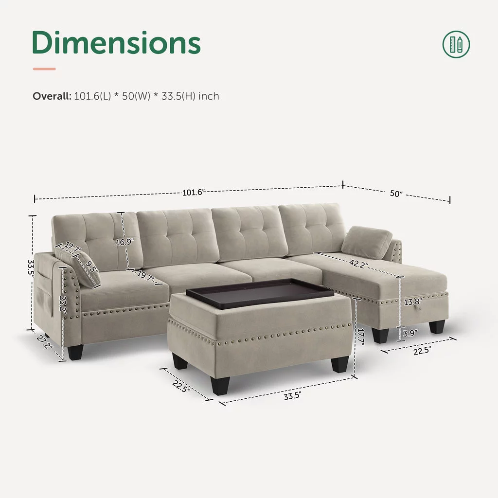 HONBAY Velvet 4-Seat L-Shaped Sectional Sofa with Table Ottoman Set
