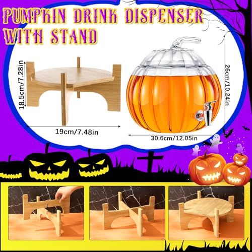 2 Gallon Glass Pumpkin Drink Dispenser for Fall Halloween Thanksgiving Party Supplies, Pumpkin Punch Bowl with Wooden Stand, Fall Autumn Glass Beverage Dispenser with Spigot