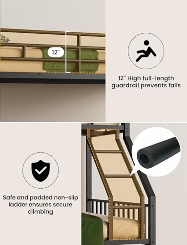 Full Over Full Bunk Bed with Trundle, Heavy Duty Metal Bed Frame with Full-Length Guardrails & Ladder, 3-in-1 Convertible Full Bunk Bed, Noise-Free, No Box Spring Needed, Black