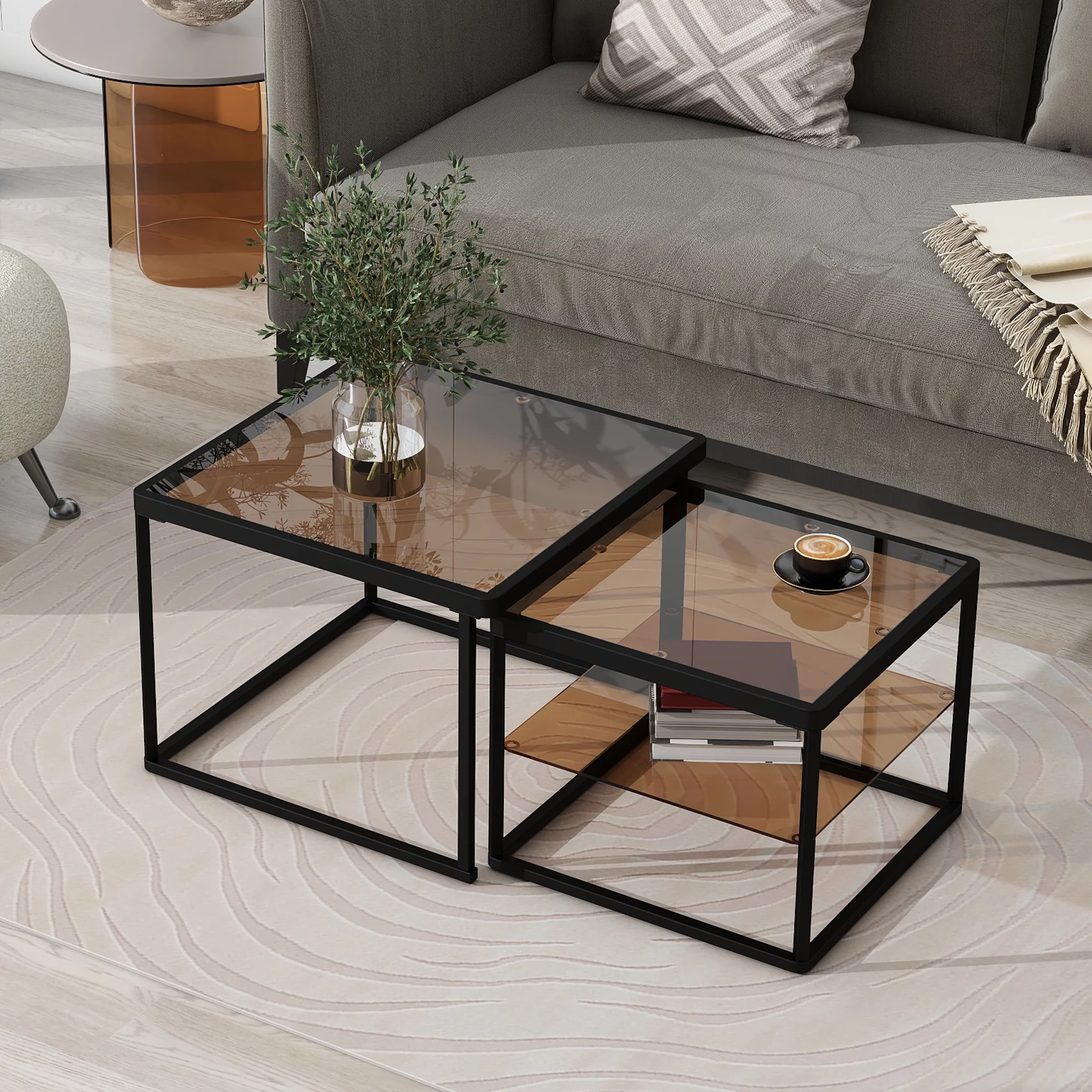 Coffee Table, ON-TREND Modern Nested Coffee Table Set with High-low Combination Design, Brown Tempered Glass Cocktail Table with Metal Frame, Length Adjustable 2-Tier Center&End Table, Black