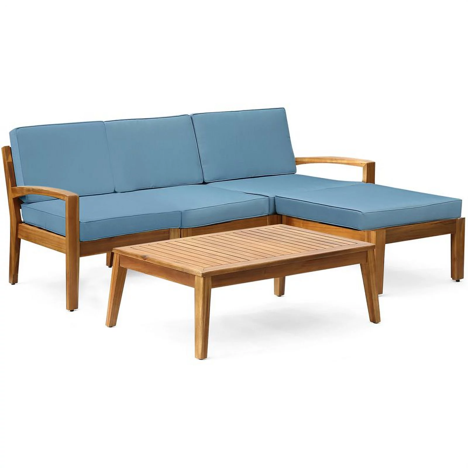 Afuera Living Outdoor 3 Seat Acacia Wood Sectional Sofa Set Teak/Blue