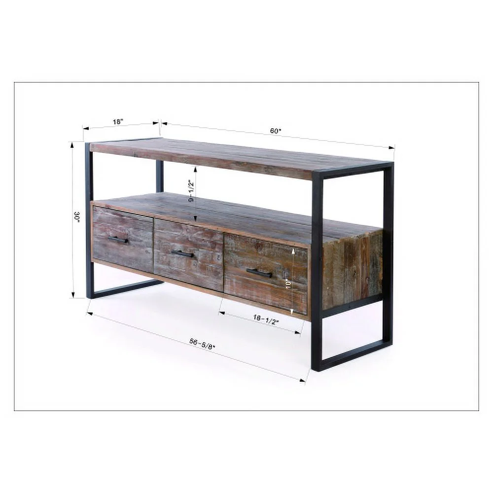 60 Inch Reclaimed Wood Media Tv Console Table With 3 Drarwer, Open Shelf, Antique Finish