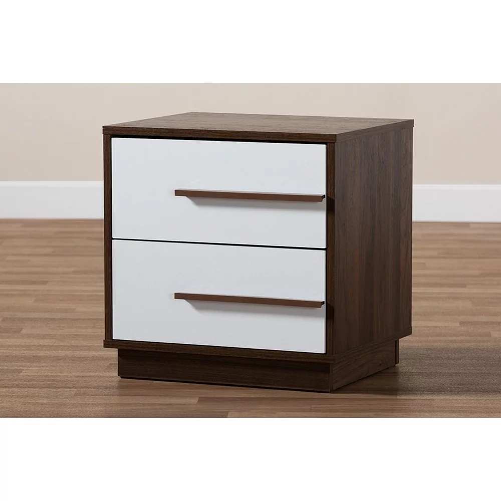 Baxton Studio Mette Mid-Century Modern Two-Tone White and Walnut Finished 2-Drawer Wood Nightstand