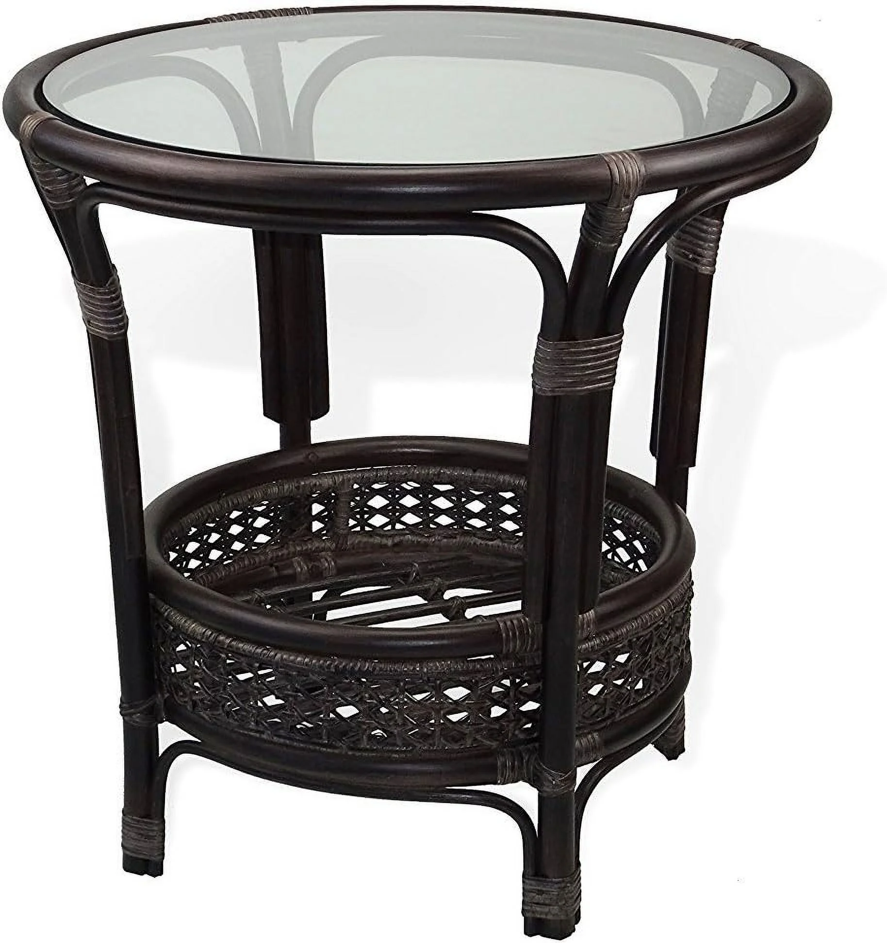 TJUNBOLIFE Pelangi Round Coffee Table Natural Rattan Wicker with Glass Top Handmade  Dark Brown