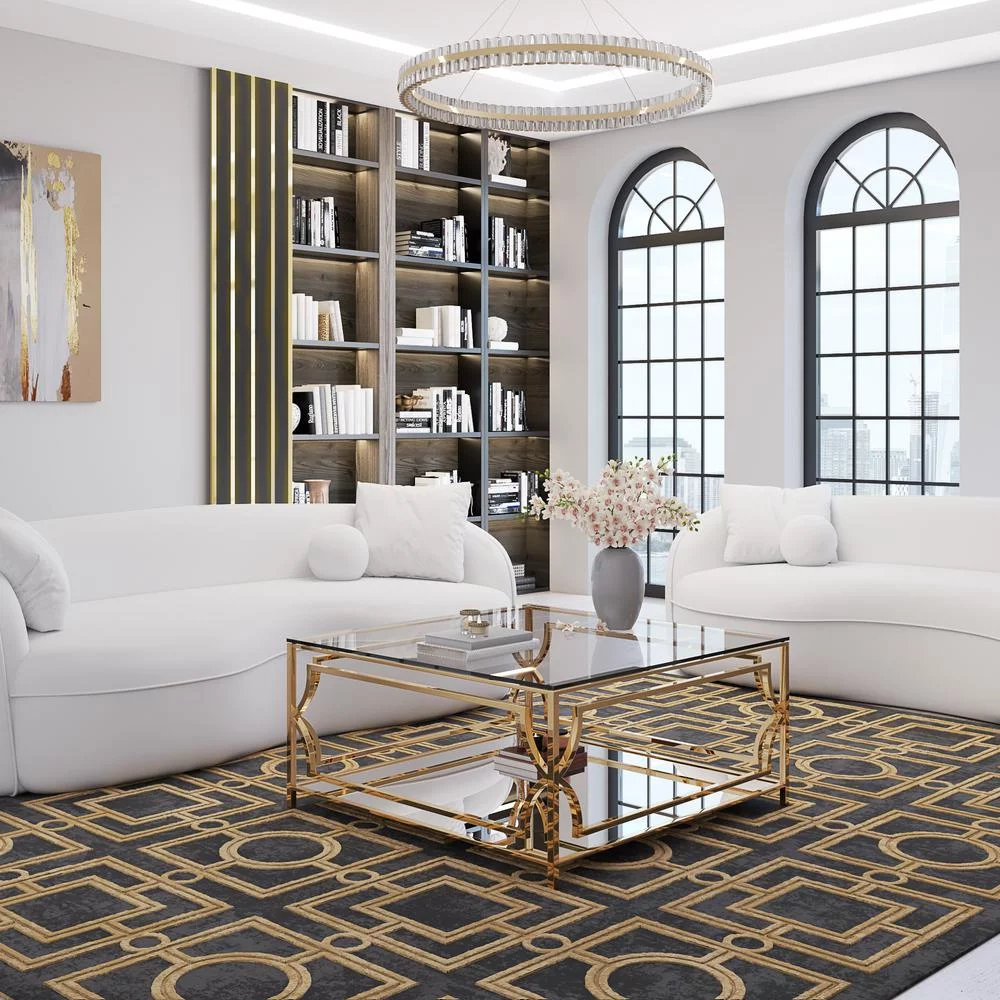 American Home Classic Edward Square Metal and Glass Coffee Table in Polish Gold