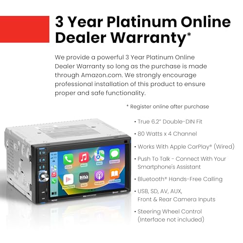 BOSS Audio Systems BCP62 Car Stereo - Apple CarPlay, Double Din, 6.2 Inch Capacitive Touchscreen, Bluetooth, No CD DVD Player, AM/FM Radio Receiver, USB