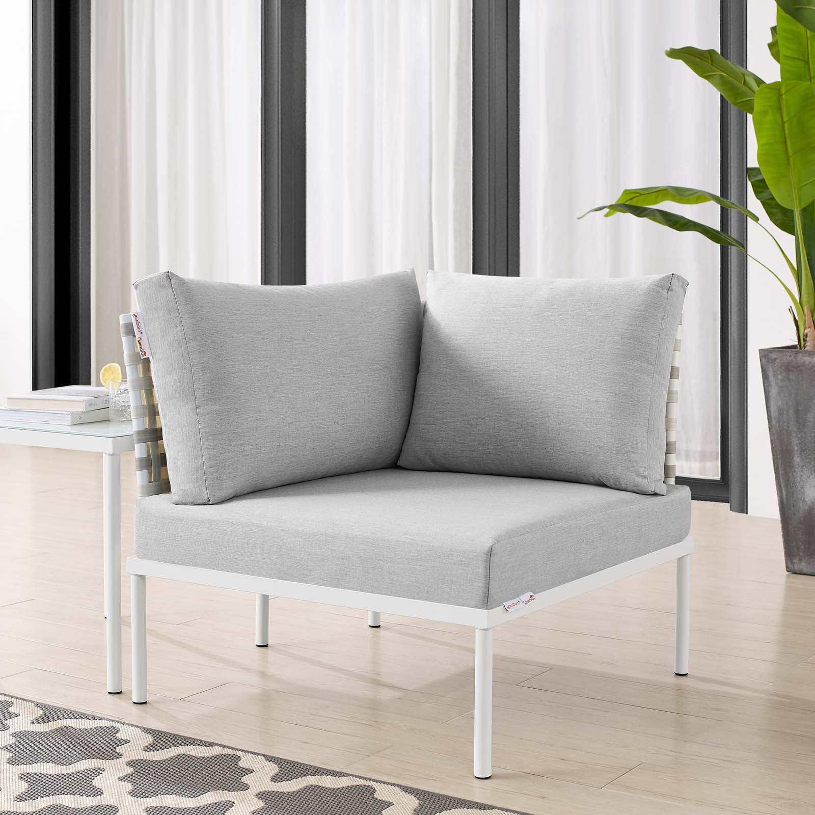 Sofa Corner Chair, Sunbrella, Aluminum, Metal, Steel, Grey Gray, Modern Contemporary Urban Design, Outdoor Patio Balcony Cafe Bistro Garden Furniture Hotel Hospitality