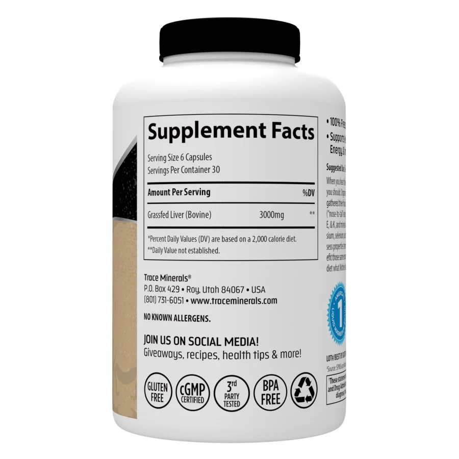 Trace Minerals Ancestral Beef Liver Capsules, 3000 mg Bovine Liver, Pasture Raised, Keto Friendly, 180 Count, 30 Servings