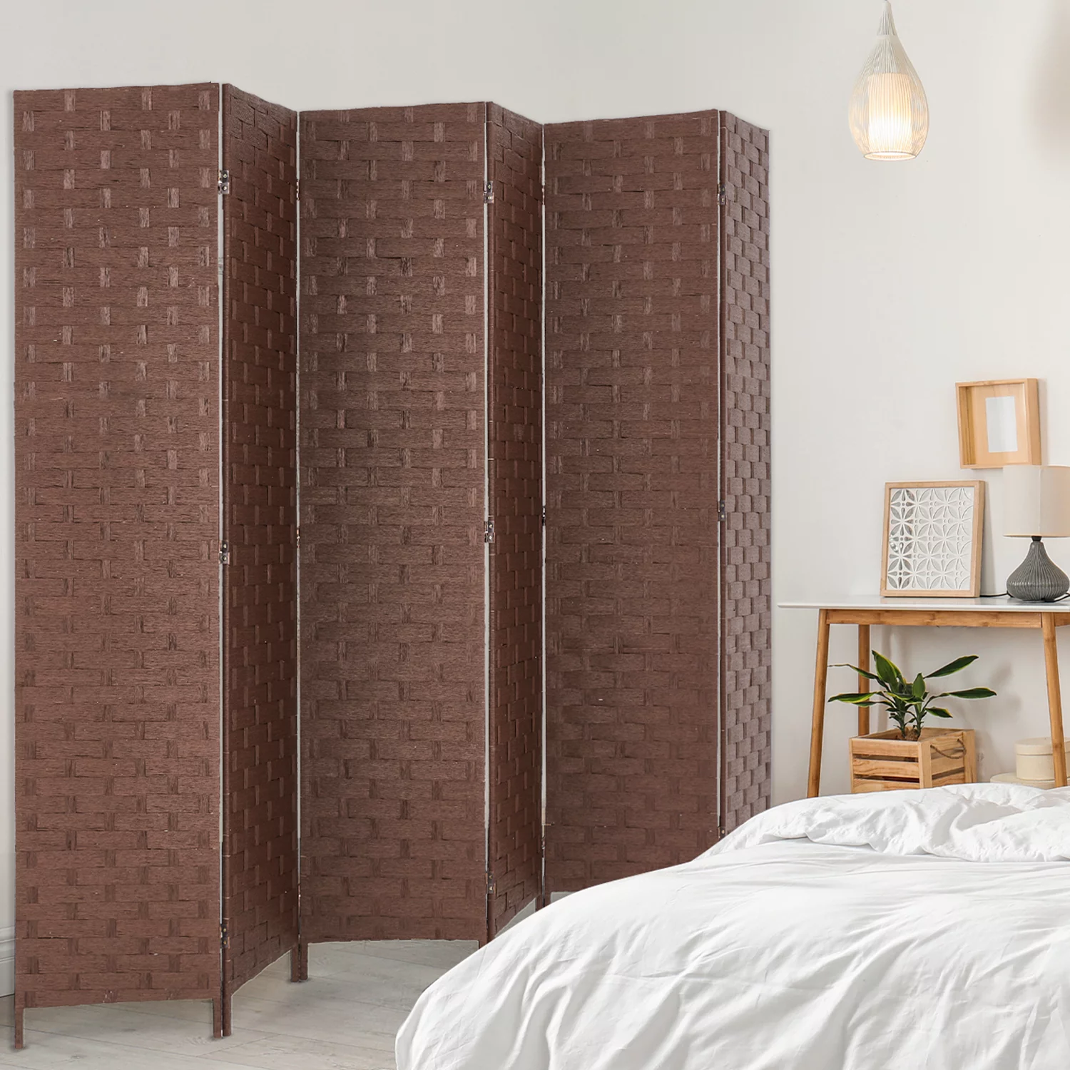 YODOLLA 6 Panels Room Divider, 6 FT Tall Weave Fiber Room Divider, Double Hinged Folding Privacy Screens, Freestanding Room Dividers, Brown