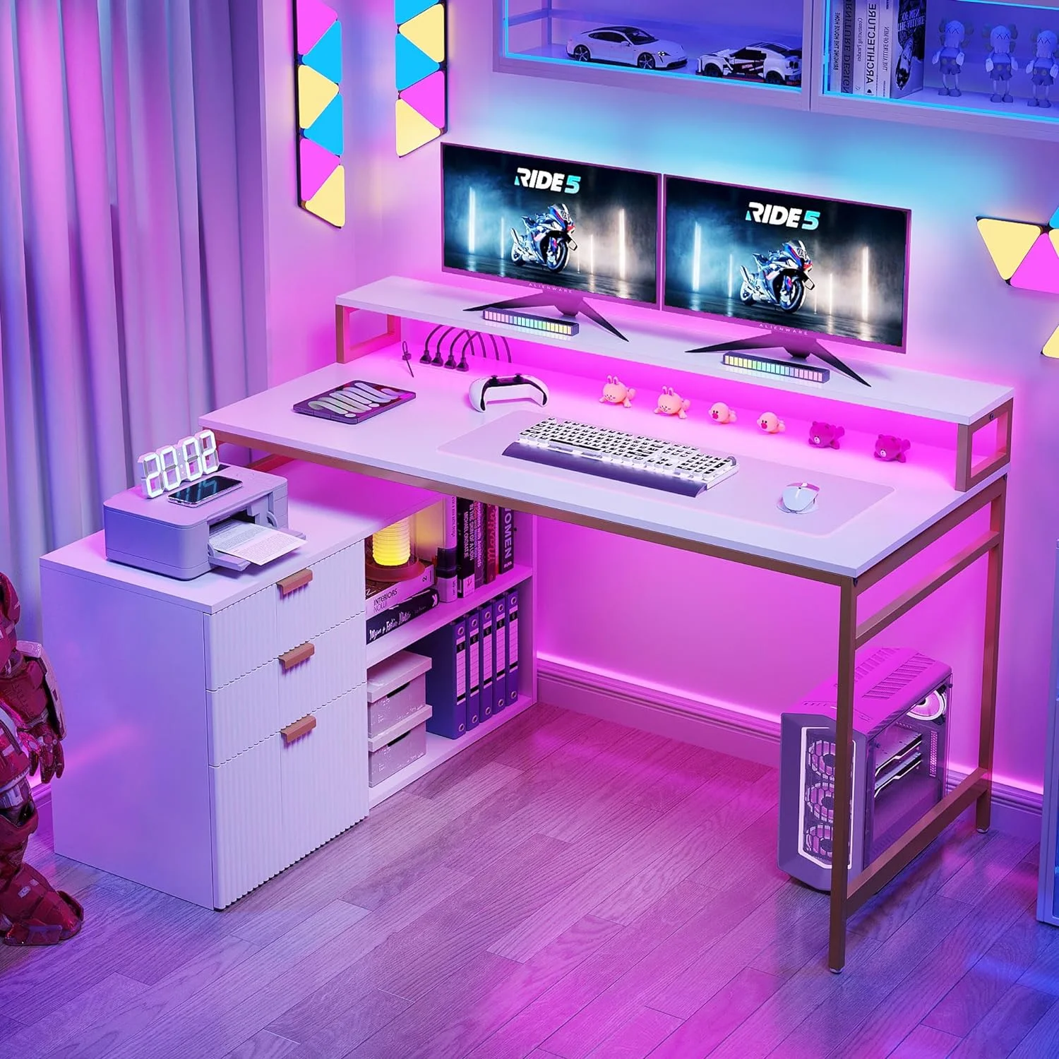 L Shaped Desk with Drawers  55 Inch Computer Desk Corner Desk with Power Outlets & LED Lights  Large L-Shaped Office Desk with File Cabinet  White & Gold