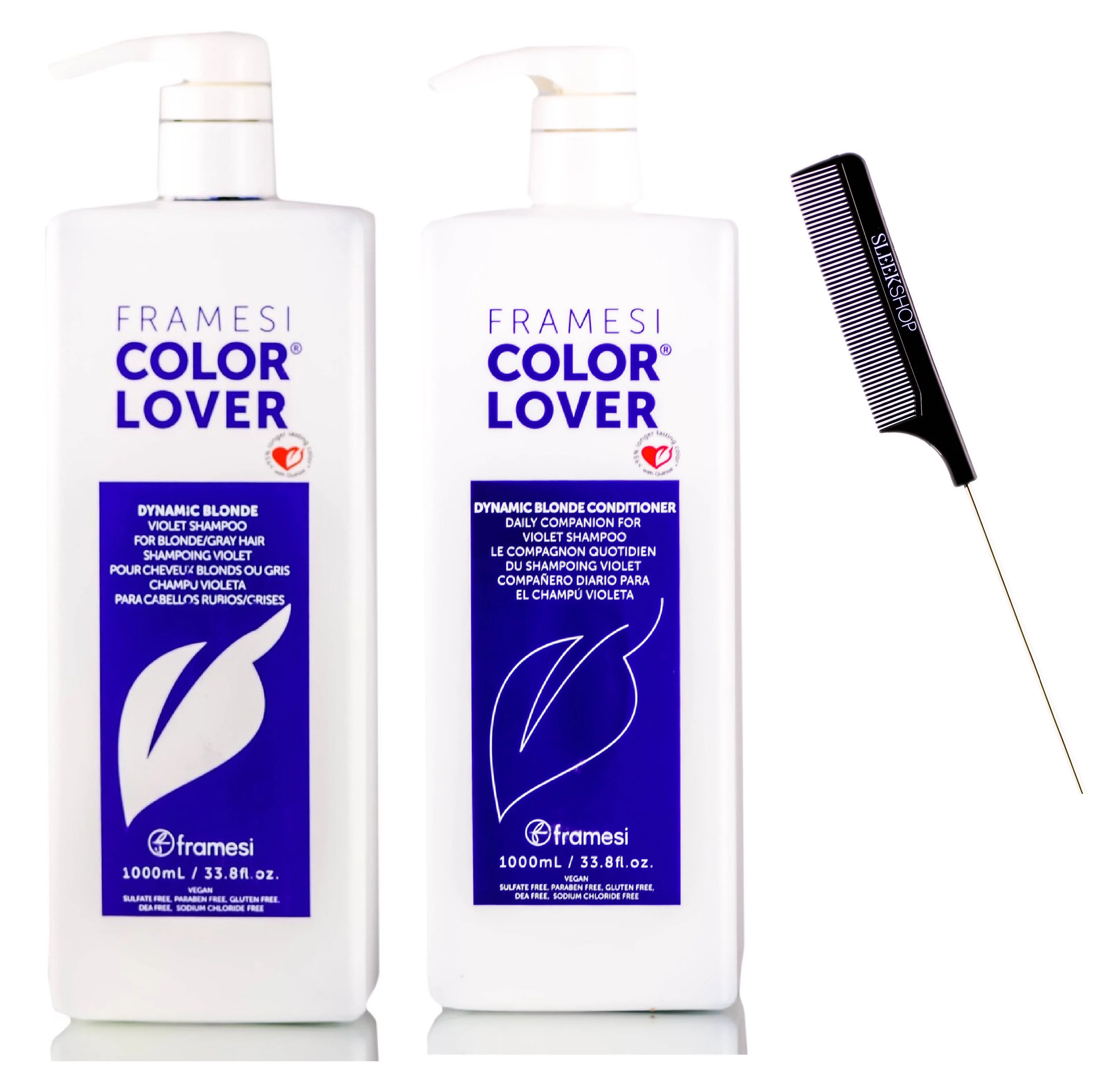 Framesi Color Lover DYNAMIC BLONDE Violet Shampoo & Conditioner DUO Set for BLONDE/GRAY HAIR (w/ Sleek Rat Tail Comb) Purple (33.8 oz + 33.8 oz - LARGE LITER DUO KIT)