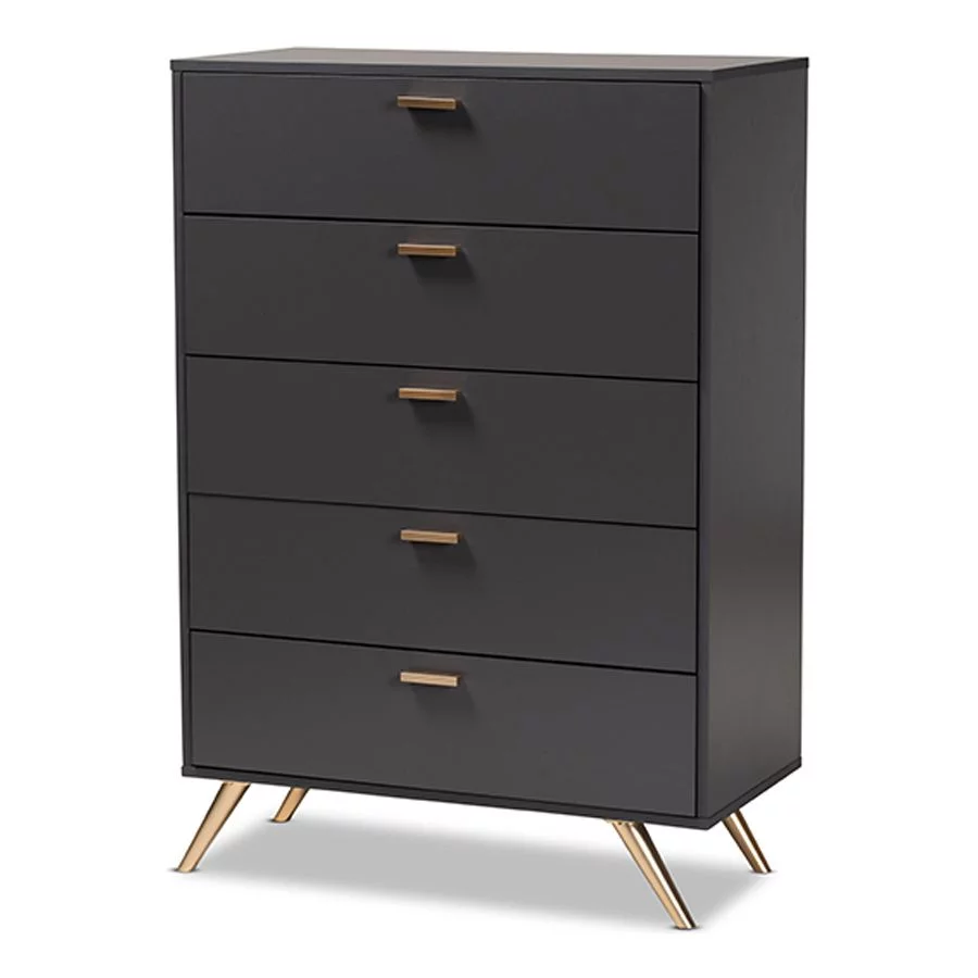 Baxton Studio Kelson Modern and Contemporary Dark Grey and Gold Finished Wood 5-Drawer Chest