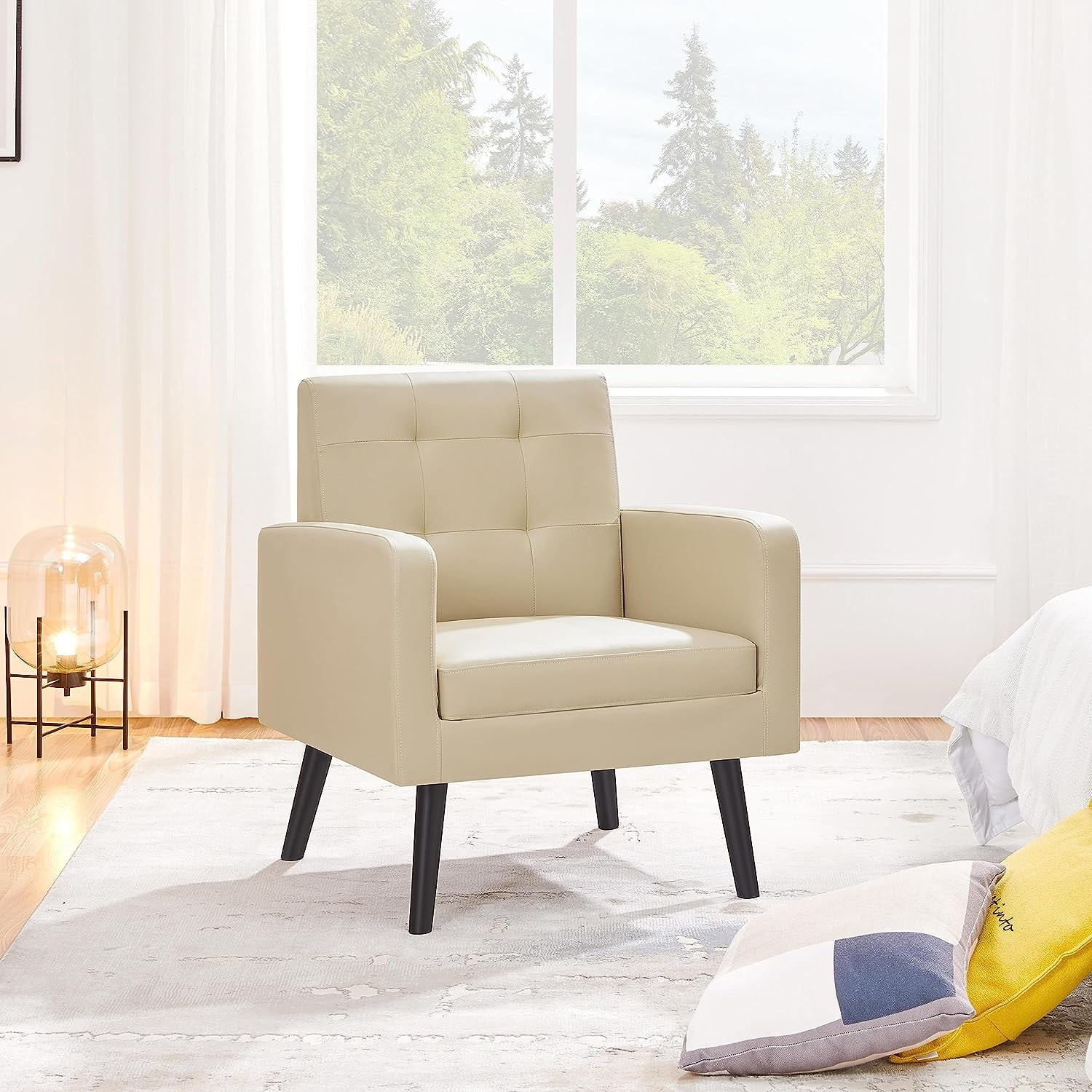 Mid-Century Accent Chairs, PU Leather Modern Upholstered Living Room Chair, Cozy Armchair Button Tufted Back and Wood Legs for Bedroom/Office/Cafe Beige