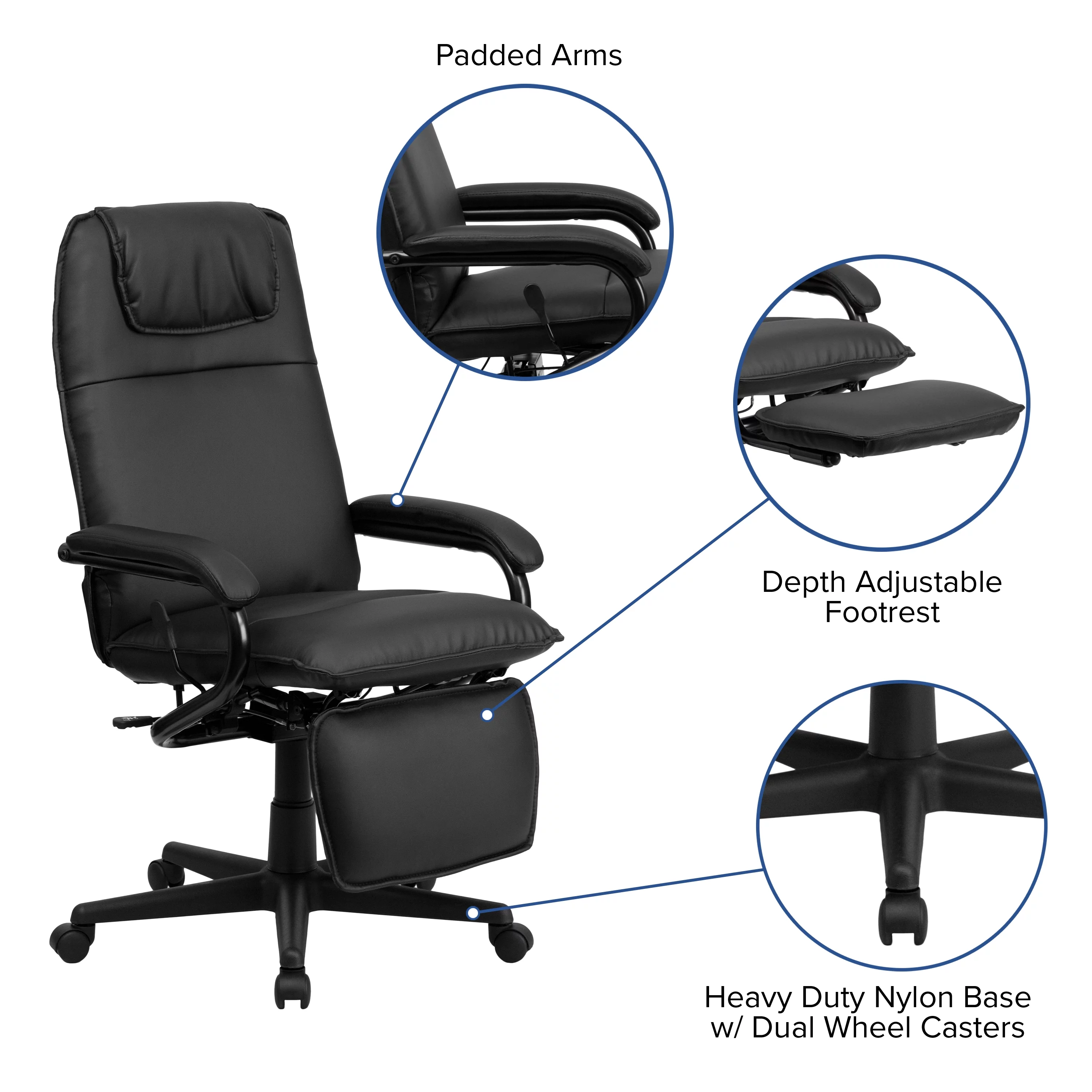 BizChair High Back Black LeatherSoft Executive Reclining Ergonomic Swivel Office Chair with Arms