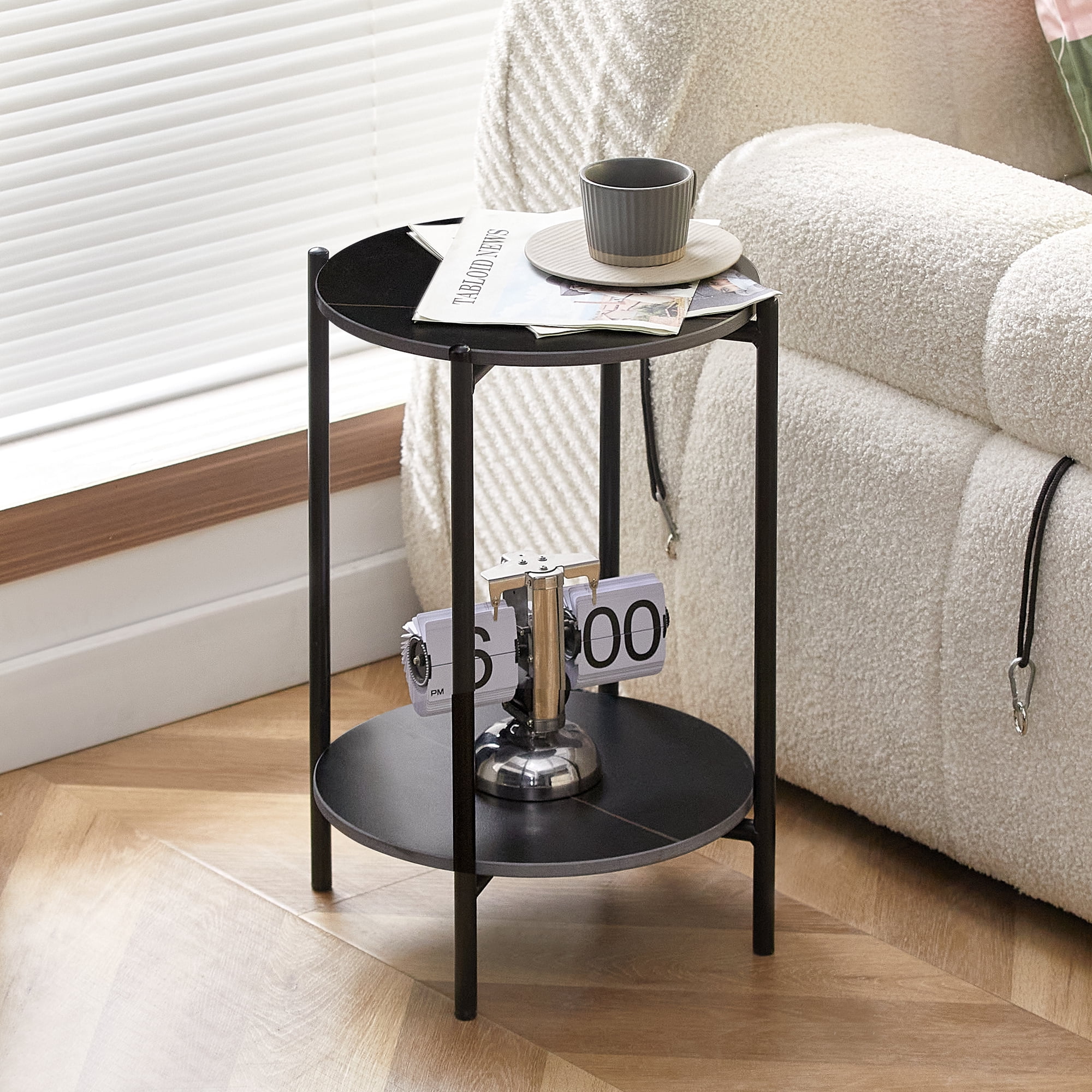 2-Tier End Table,Faux Marble Tabletop Round Coffee Table with Black Metal Frame, Black