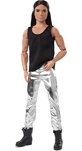 Barbie Signature Looks Ken Doll (Long Brunette Hair) Fully Posable Fashion Doll Wearing Black Tank Top & Metallic Pants, Gift for Collectors