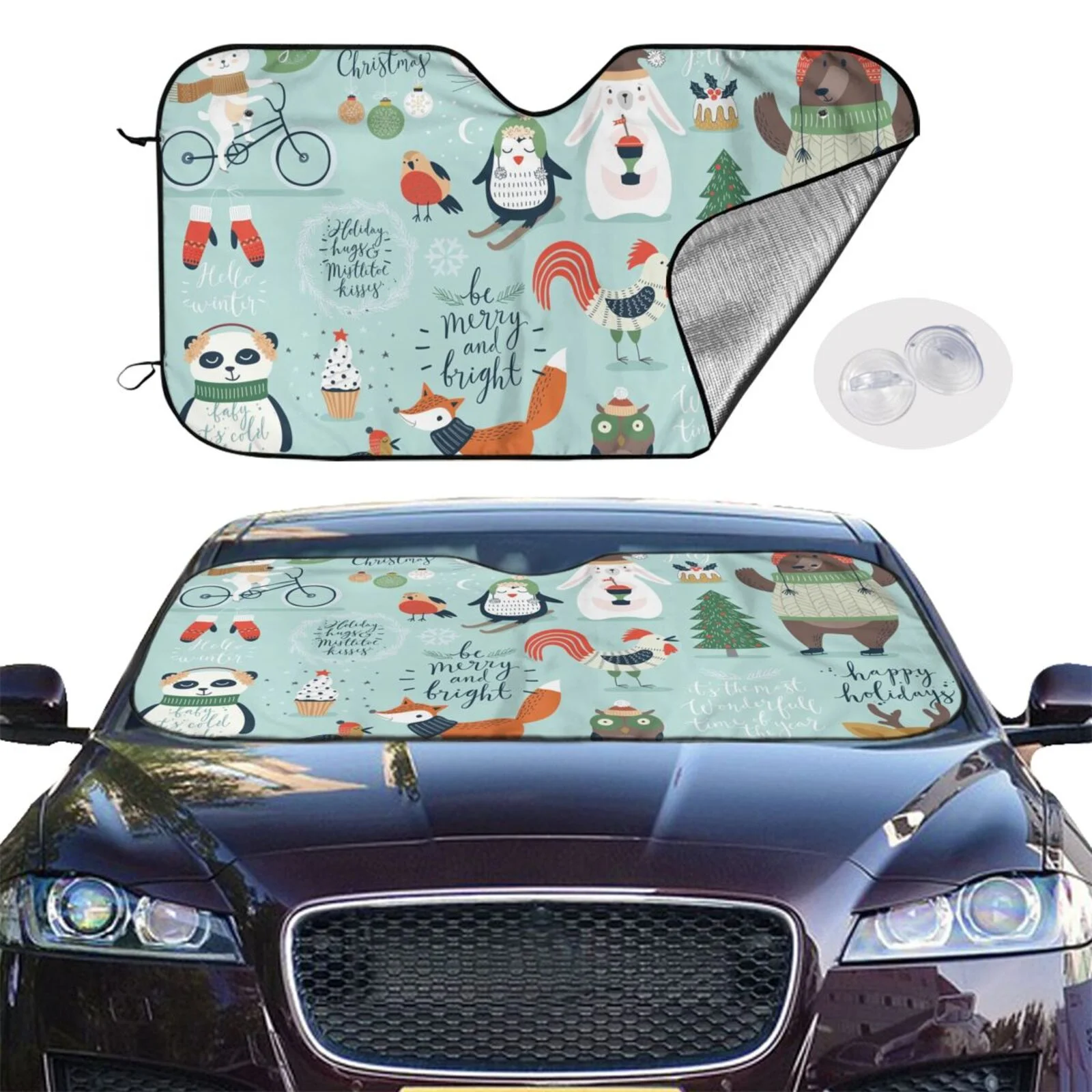 Balery Christmas Winter Animals Windshield Sun Shade, Car Front Window Sunshade Cover ,Automotive Interior Portected Blocks Uv Rays For Car Pickup Truck Suv Accessories- Small