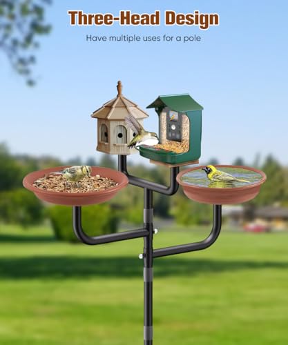 90inch Upgrade Bird House Pole with 3 Holders for Outdoor Bird Feeder Bath, Heavy Duty Adjustable Birdhouse Stand with 4 Plates & 5 Prong Base for Garden, Yard(NO Birdhouse & Birdbath)