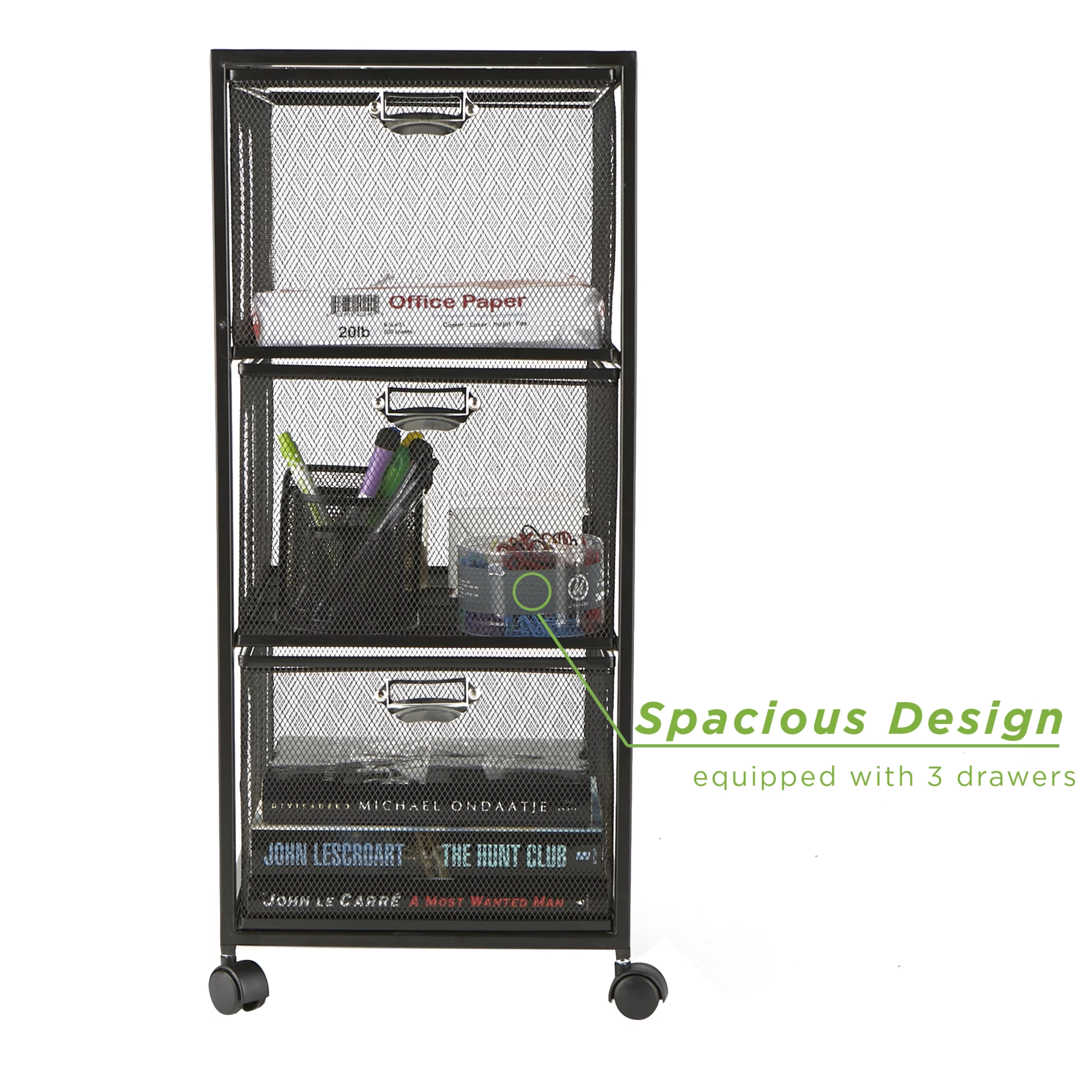 Mind Reader Rolling Utility Cart, File Cabinet Box with 3 Drawers, Black