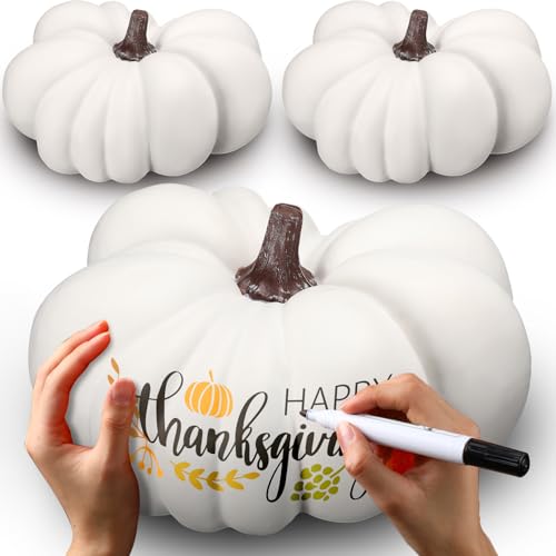 Liliful 3 Pcs 12.2inch Large Pumpkin Outdoor Porch Decor Faux Foam Artificial Fake Pumpkin for Decorating Harvest Fall Decorations for Thanksgiving Halloween Wedding Home(White)