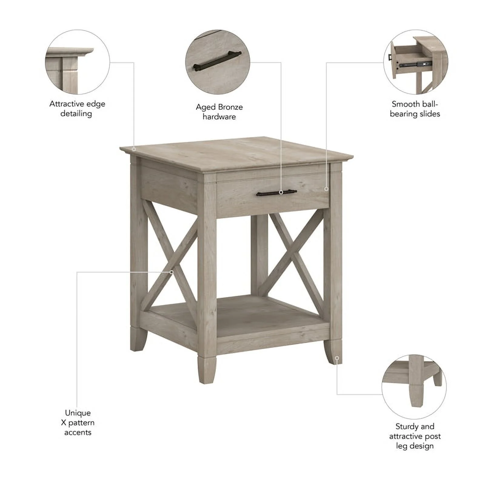 Bush Furniture Key West End Table, Washed Gray