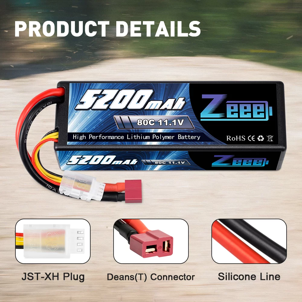 Zeee 11.1V 80C 5200mAh 3S Lipo Battery with Deans Connector Hardcase for RC Car Boat Truck Helicopter Airplane Racing Models(2 Packs)